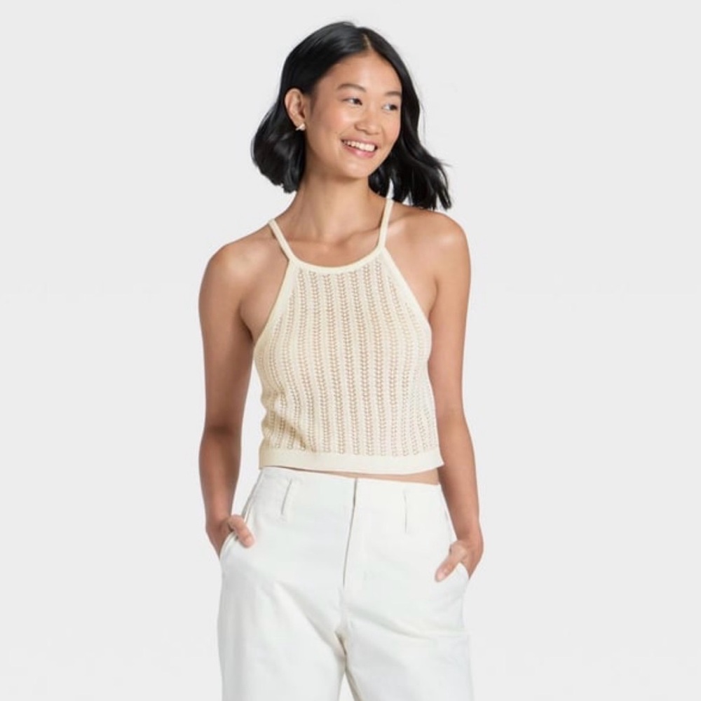 NWT A New Day Pointelle Tank Pullover Sweater Cream Top Delicate Crochet